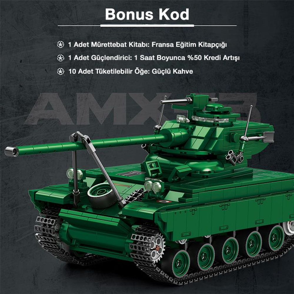 Detaylı palet ve topa sahip yeşil oyuncak tank modeli. Üstte Türkçe metin.
