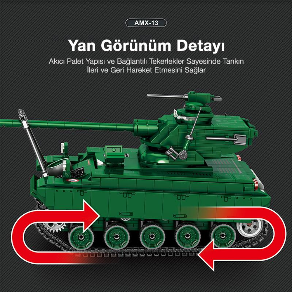 Yeşil AMX-13 oyuncak tank, palet hareketini gösteren kırmızı oklarla.