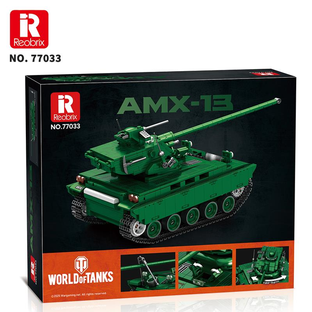 Kutu üzerinde yeşil AMX-13 oyuncak tank, model numarası 77033.