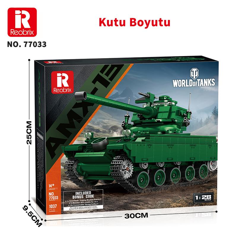 Yeşil bir Reobrix AMX-13 tank yapım kiti kutusunda gösteriliyor.