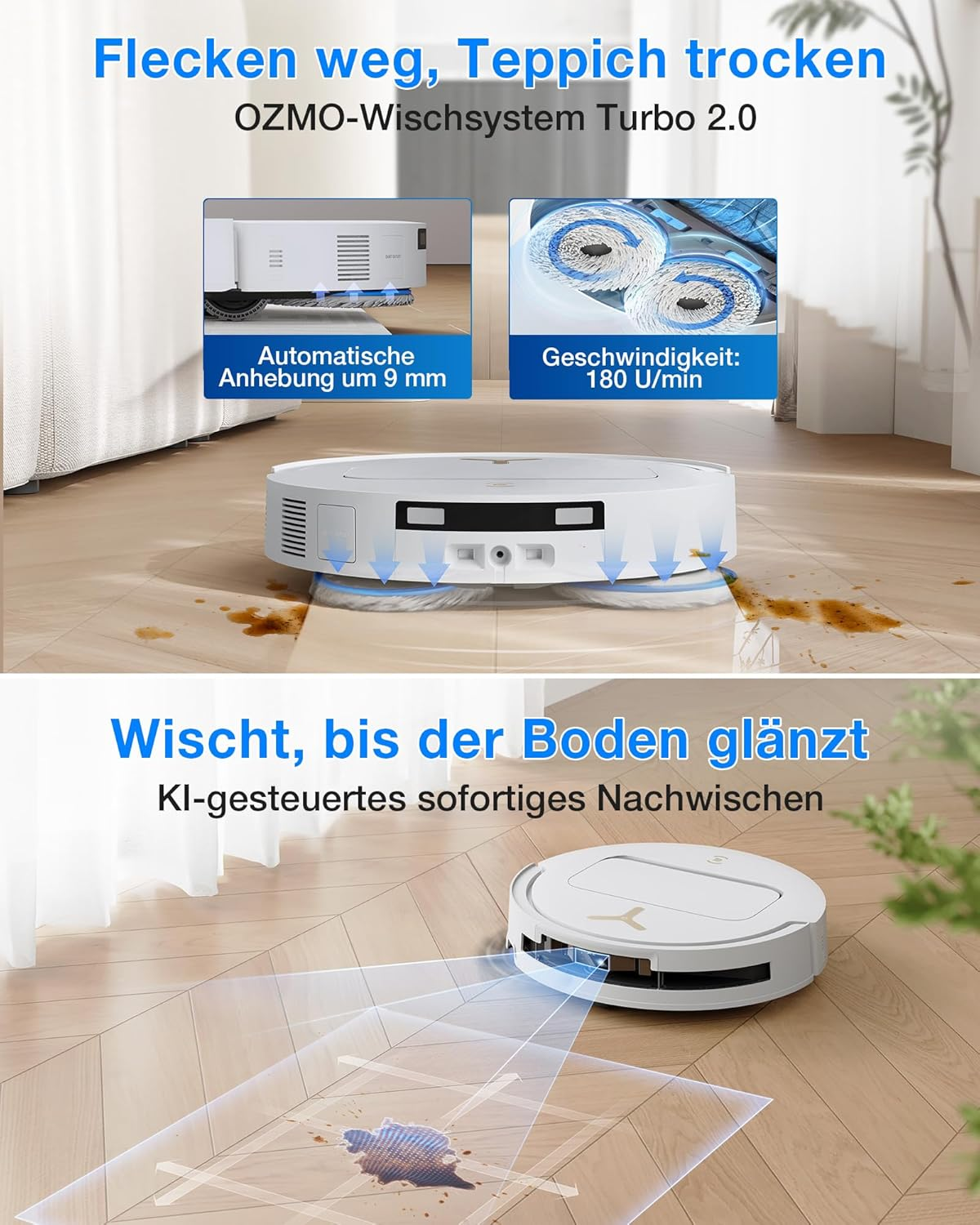 Ein weißer Saugroboter reinigt einen Holzboden mit Flecken.