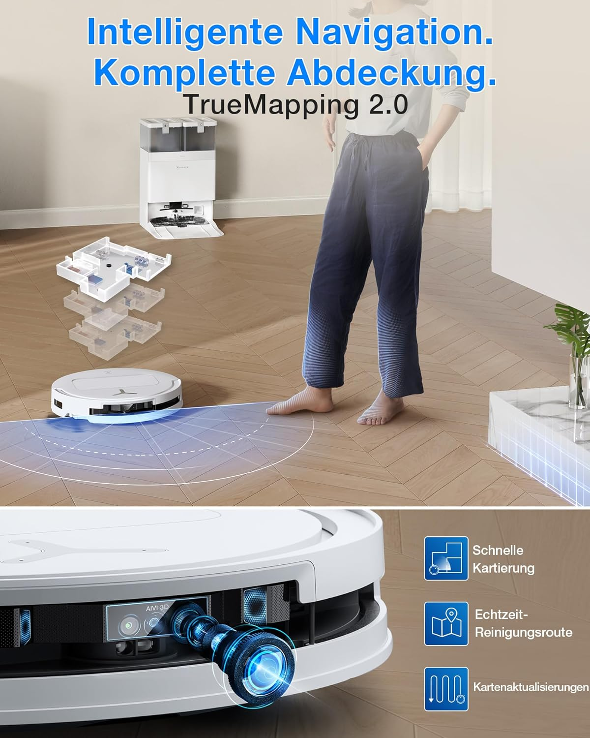 Ein Saugroboter mit AIVI 3D und Dock in einem modernen Zuhause.