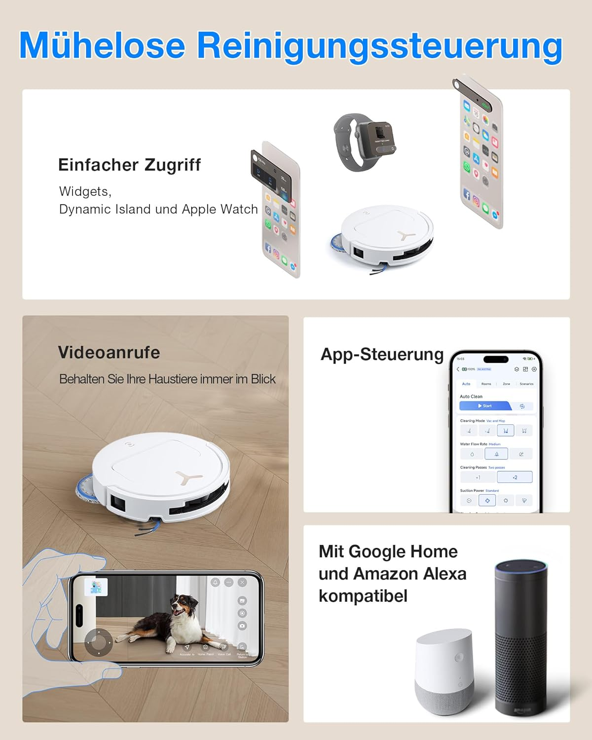 Illustrationen eines Saugroboters mit Smartphone, Apple Watch und App-Steuerung.