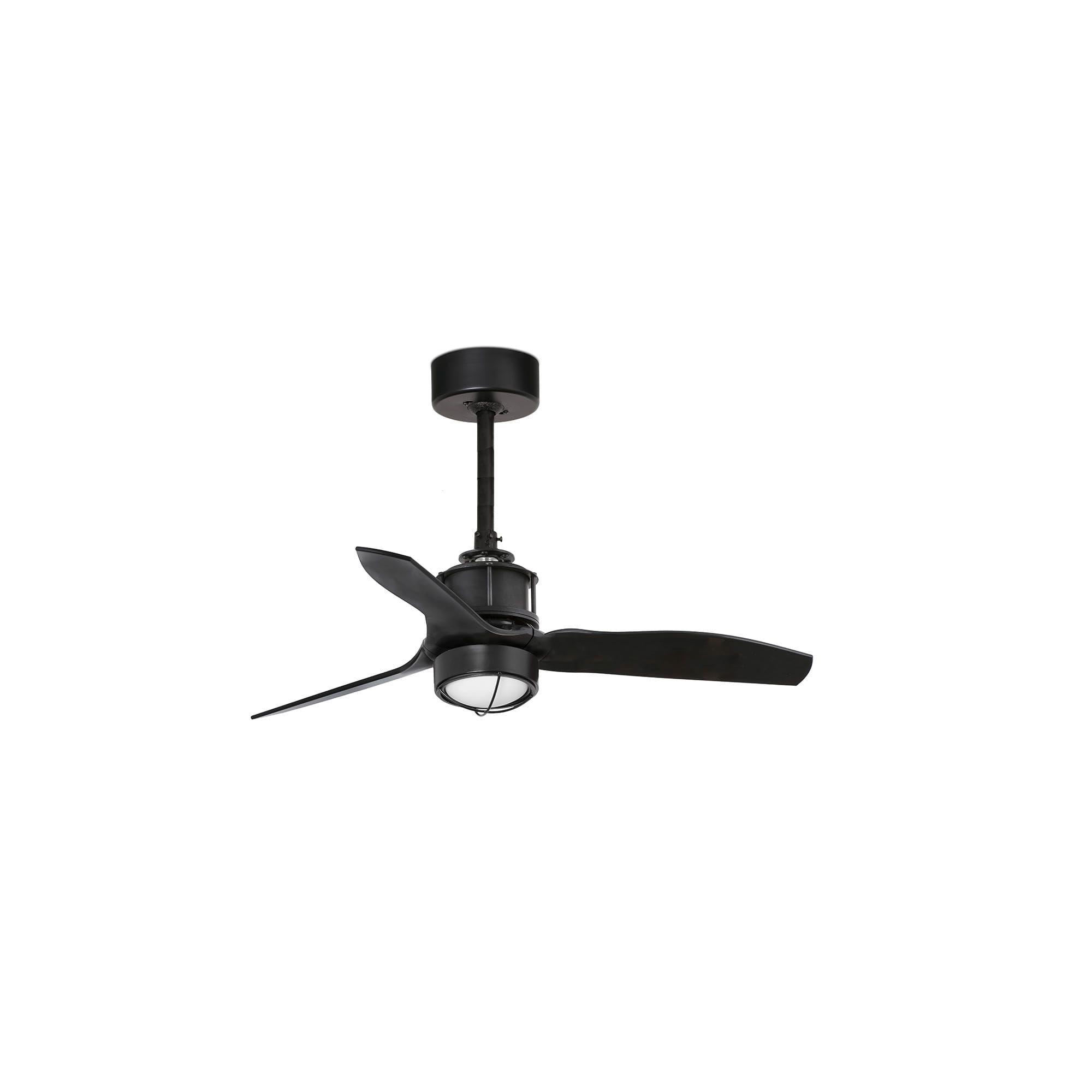 Ventilatore da soffitto nero a tre pale con lampada integrata.