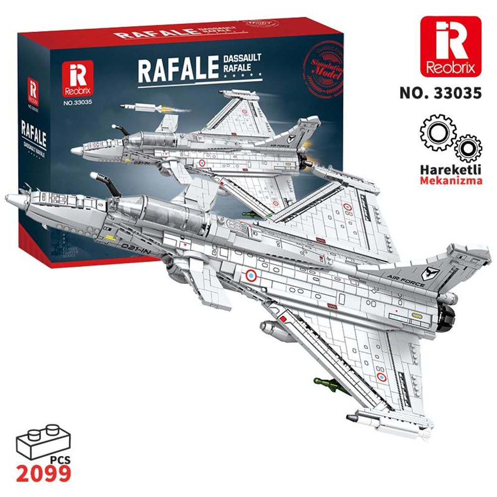 İki uçağın olduğu beyaz bir Dassault Rafale savaş uçağı model kiti, biri havada.