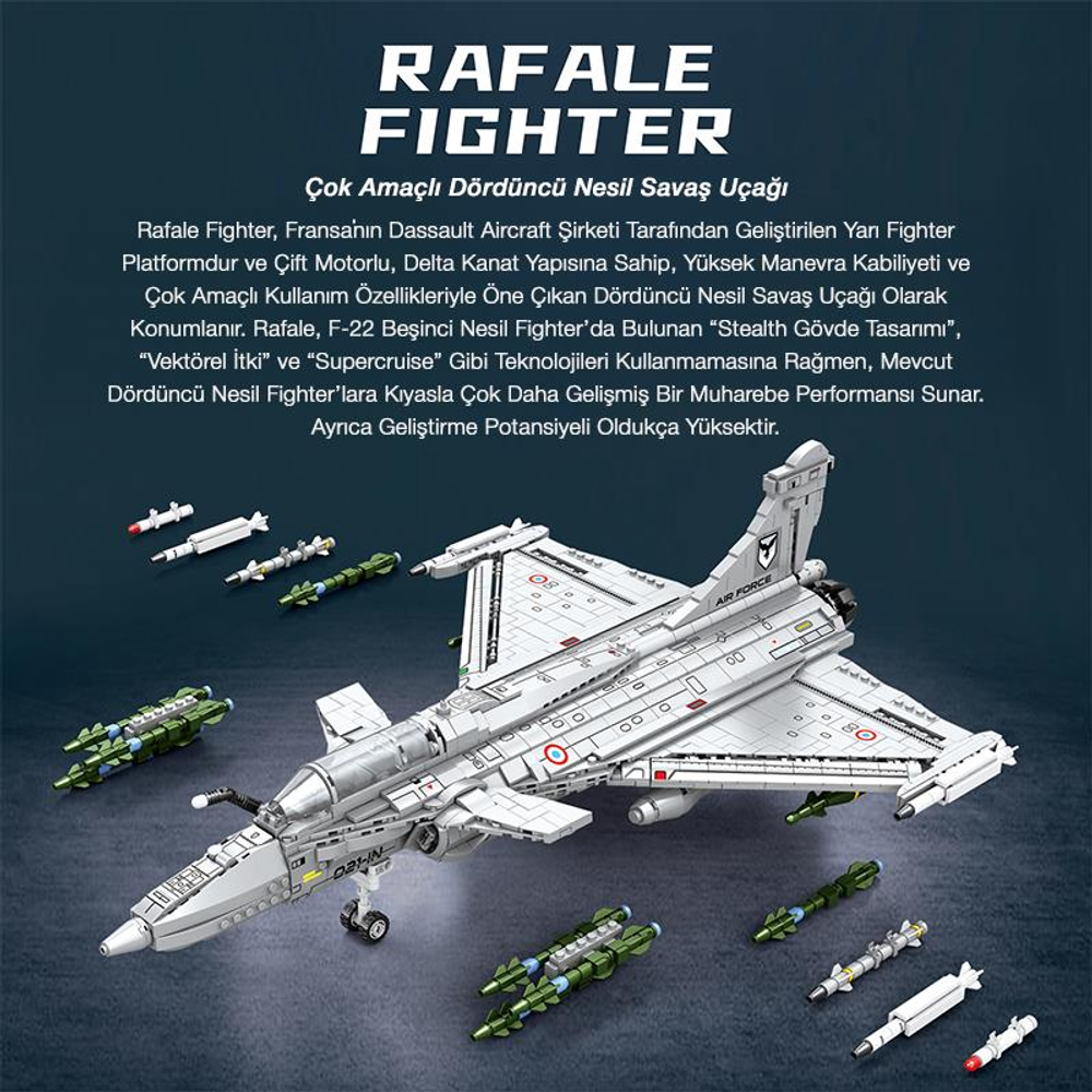 Yerde füzeler ve metin bulunan gümüş renkli Rafale savaş uçağı.