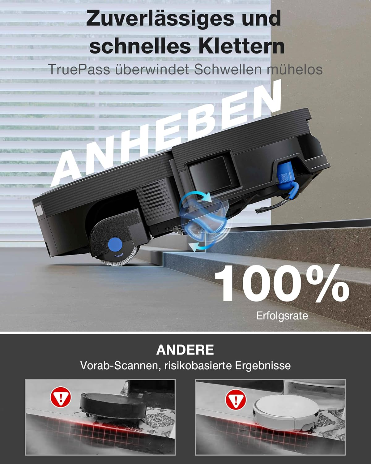 Robot aspirapolvere nero sale le scale, 100% successo.