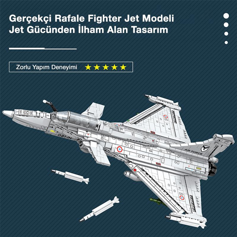 Jet gücünden ilham alan, roketli detaylı beyaz savaş jeti modeli.