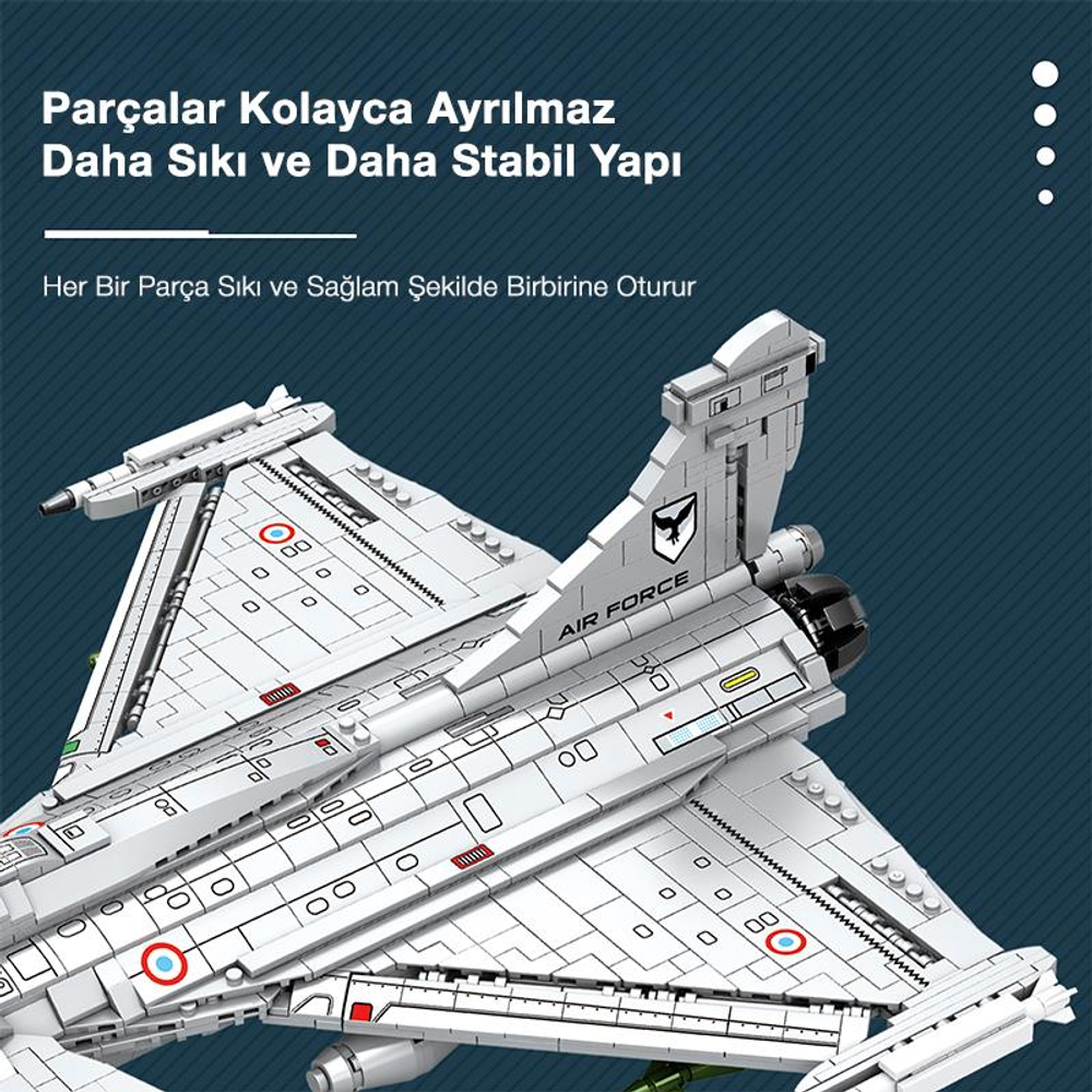 AIR FORCE yazılı detaylı beyaz bir savaş uçağı modeli.