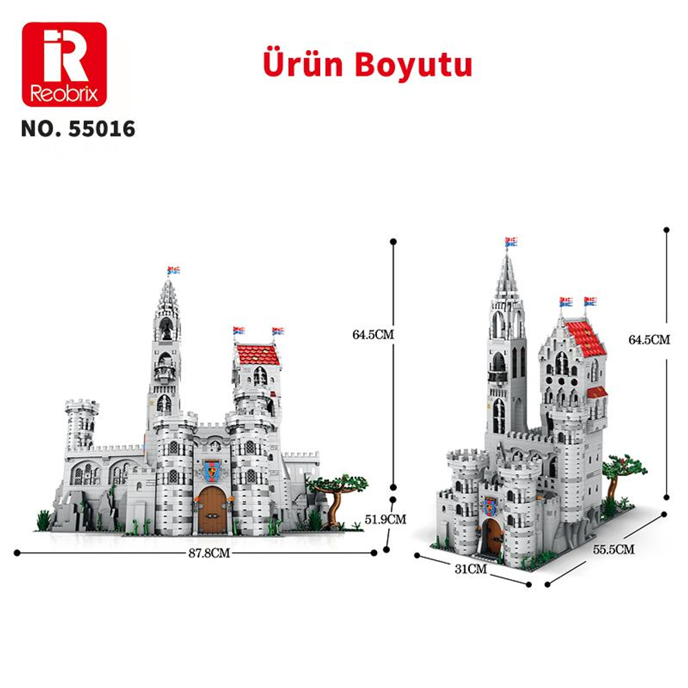 İki Reobrix model kale, biri büyük, diğeri küçük, boyutları gösteriliyor.