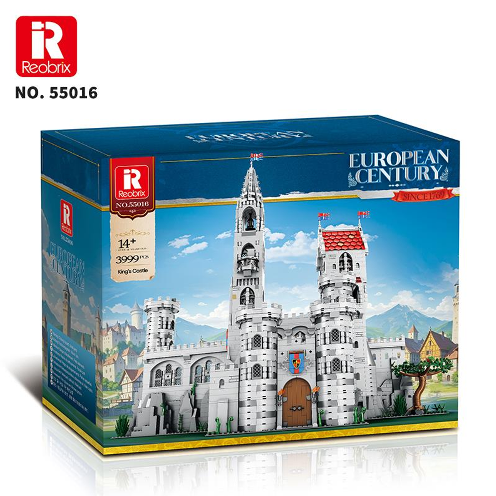 Reobrix Kral Kalesi yapım blokları kutusu, kuleler ve bayraklarla beyaz bir kale gösteriyor.