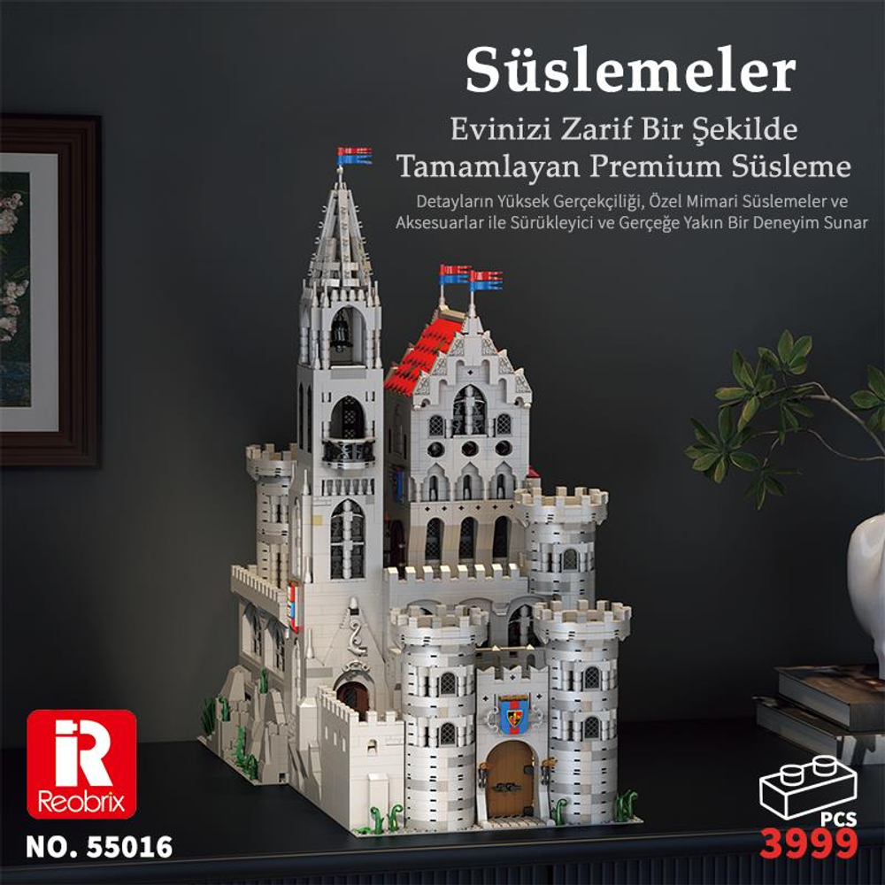 Kırmızı çatılı ve kulelerinde bayrakları olan detaylı beyaz Lego kale.