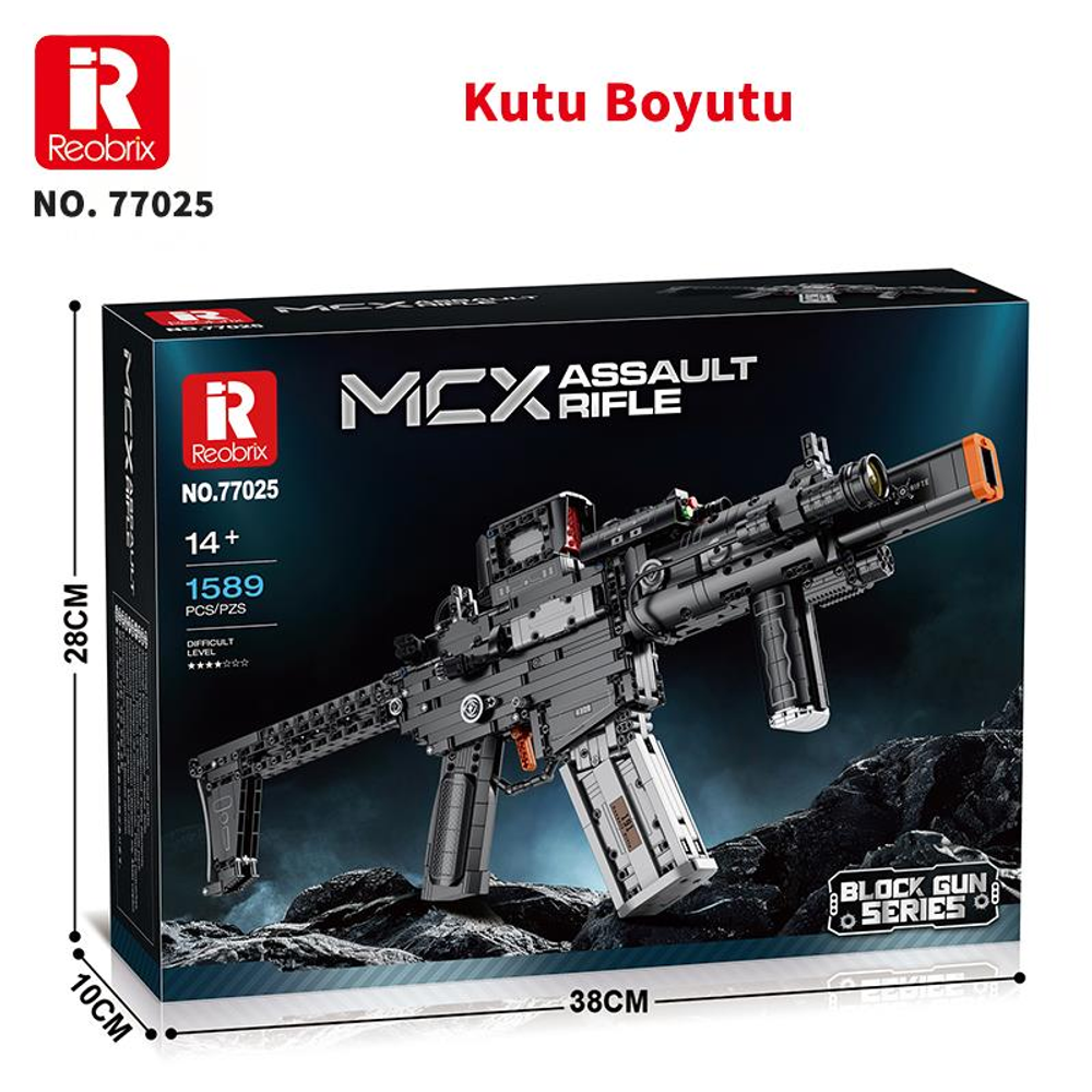 "MCX ASSAULT RIFLE" yazılı gri oyuncak hücum tüfeği kutusu.