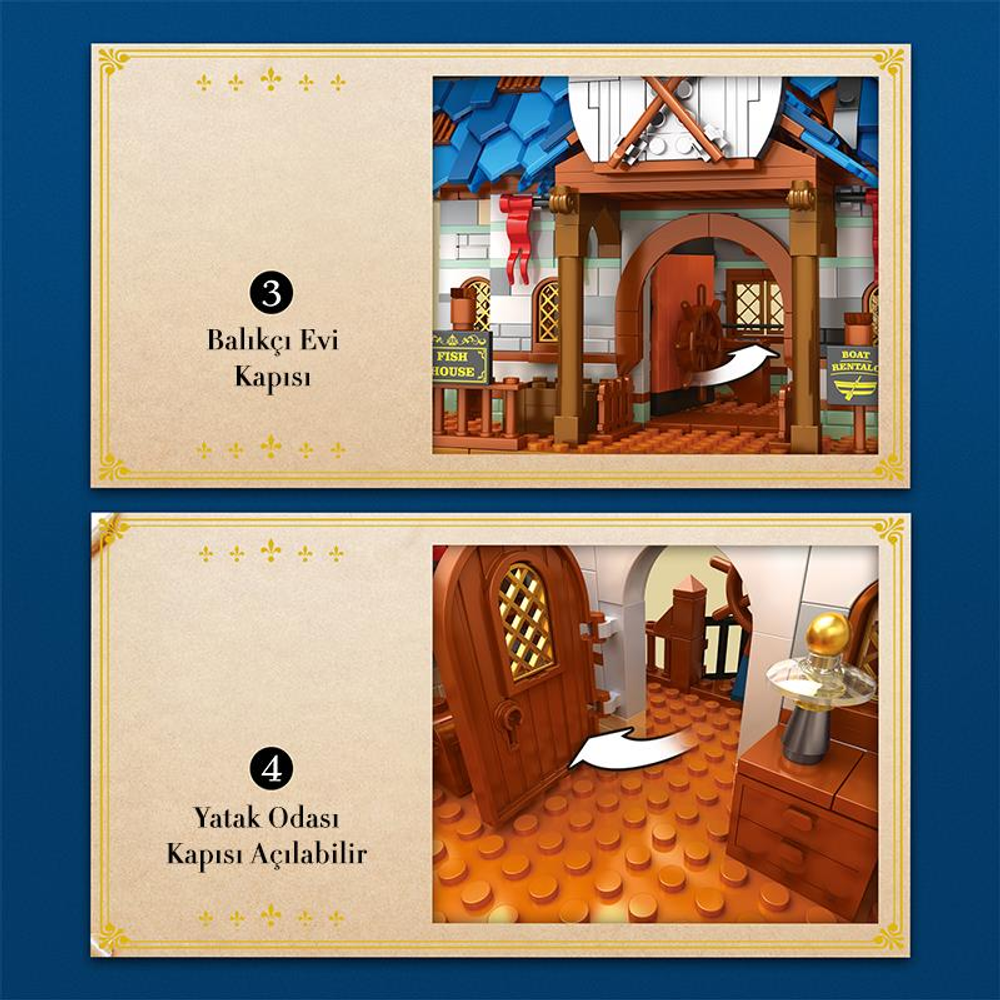 Talimatlar bir balık evi girişini ve açık bir yatak odası kapısını gösterir.