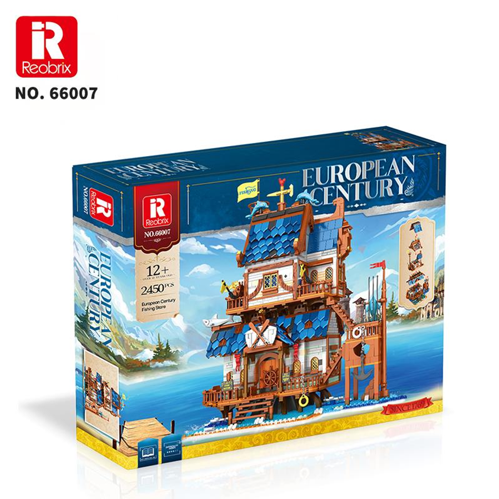 Reobrix mavi çatılı Avrupa tarzı balıkçı evi kitinin su kenarındaki hali.