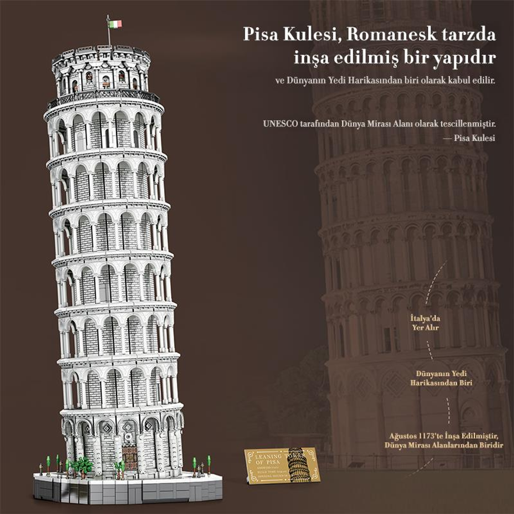 İtalyan bayraklı Pisa Kulesi modeli ve bilgilendirici metin.