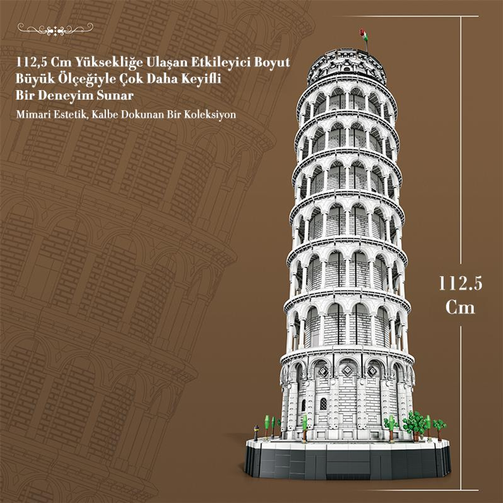 112,5 cm yüksekliğinde beyaz ve gri Pisa Kulesi modeli.