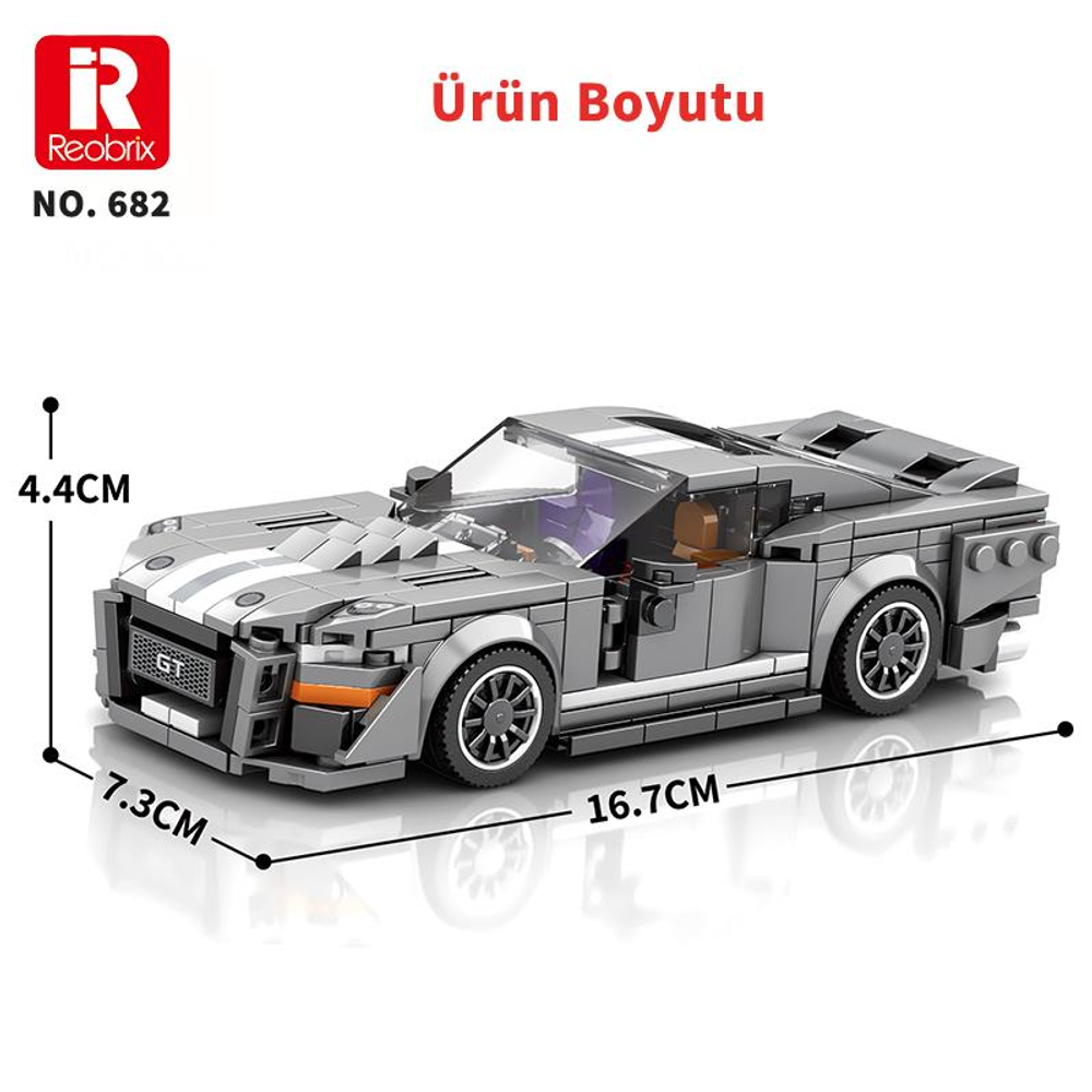 Gri Lego araba, 16,7 cm uzunluk, 7,3 cm genişlik, 4,4 cm yükseklik.