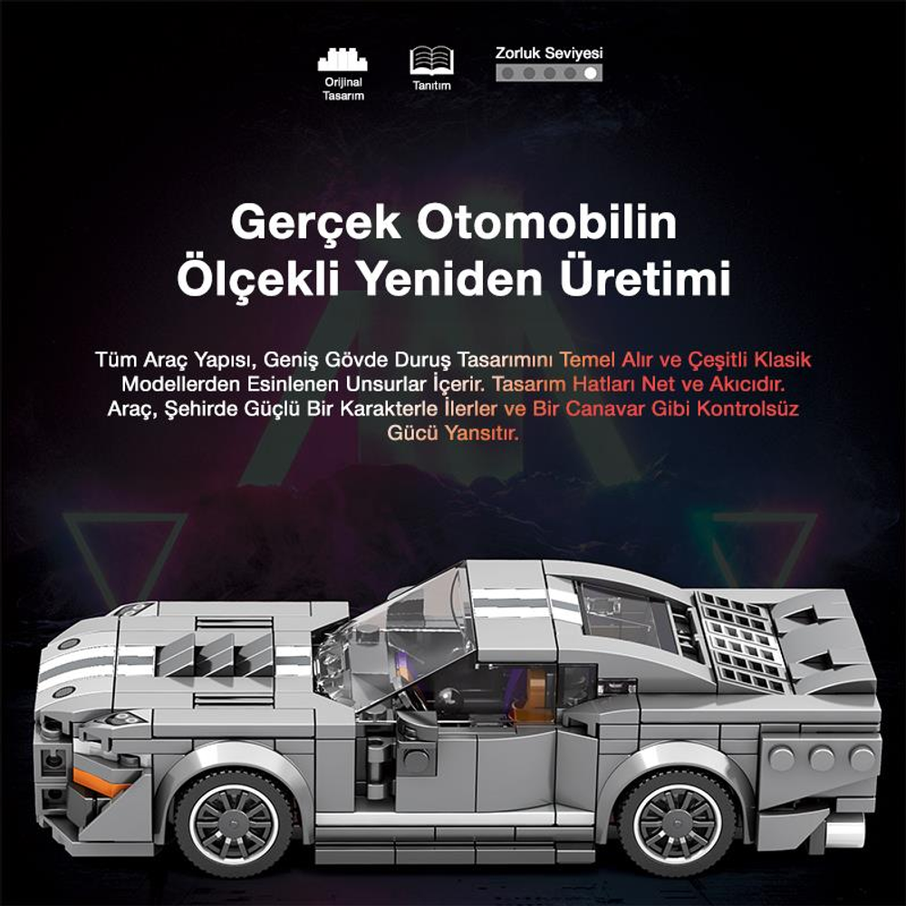 Gri Lego araba modeli, gerçek bir arabayı taklit eden detaylı tasarıma sahip.