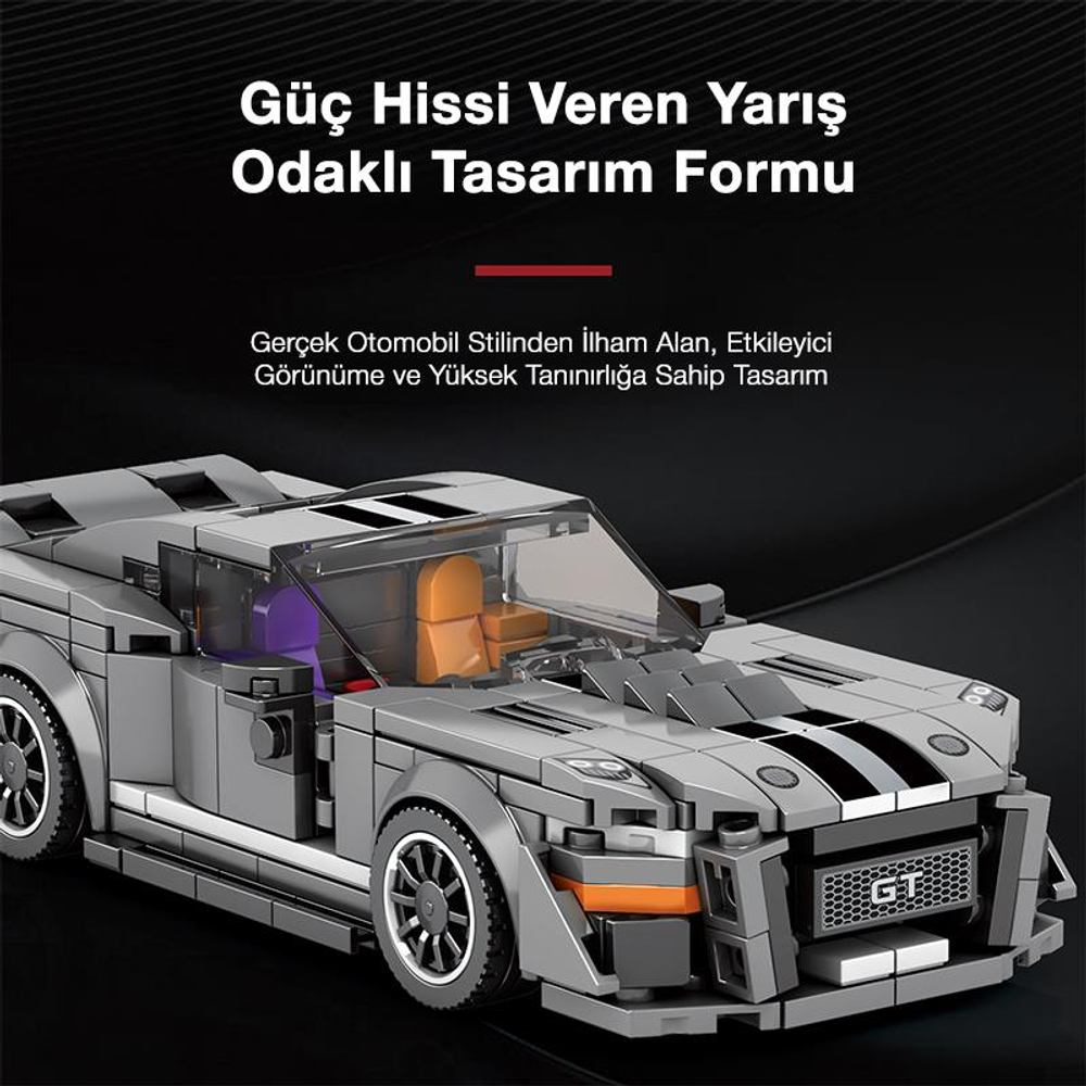 Turuncu detaylı ve siyah çizgili gri Lego yarış arabası.