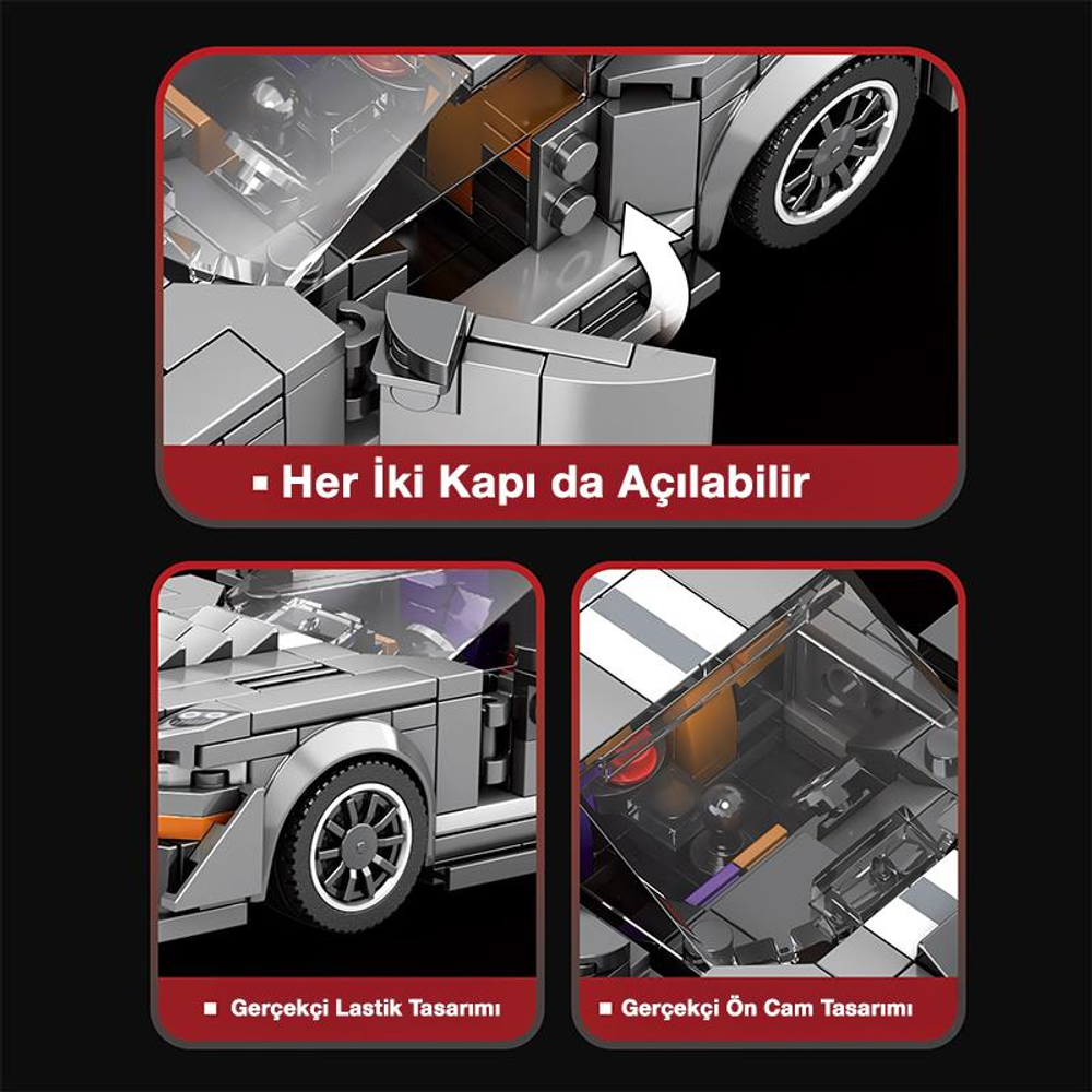 Açılabilir kapılı, gerçekçi lastik ve ön cam tasarımlı gri model araba.
