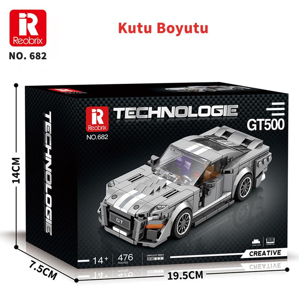 Reobrix GT500 yapım blokları seti boyutlu bir kutu üzerinde.