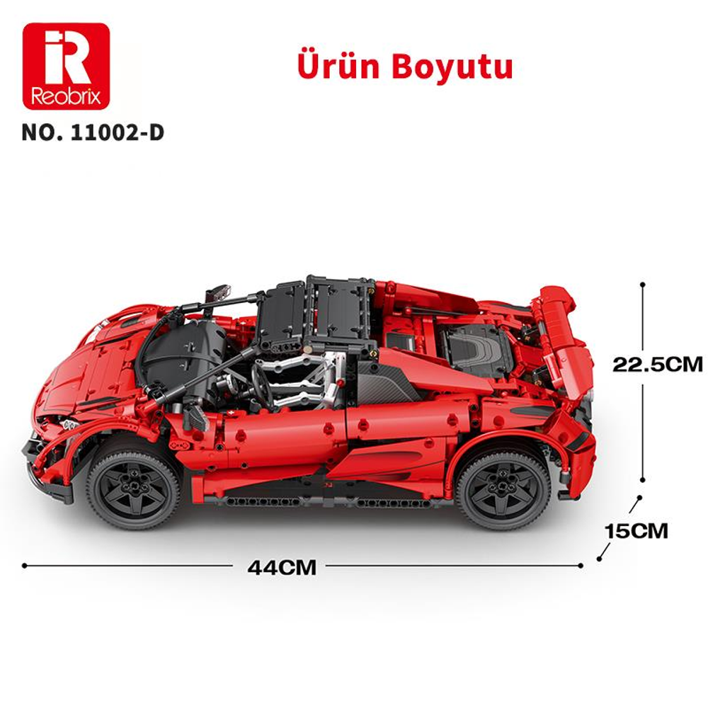 44x22,5x15cm boyutlarında kırmızı bir yapı taşı spor araba modeli.