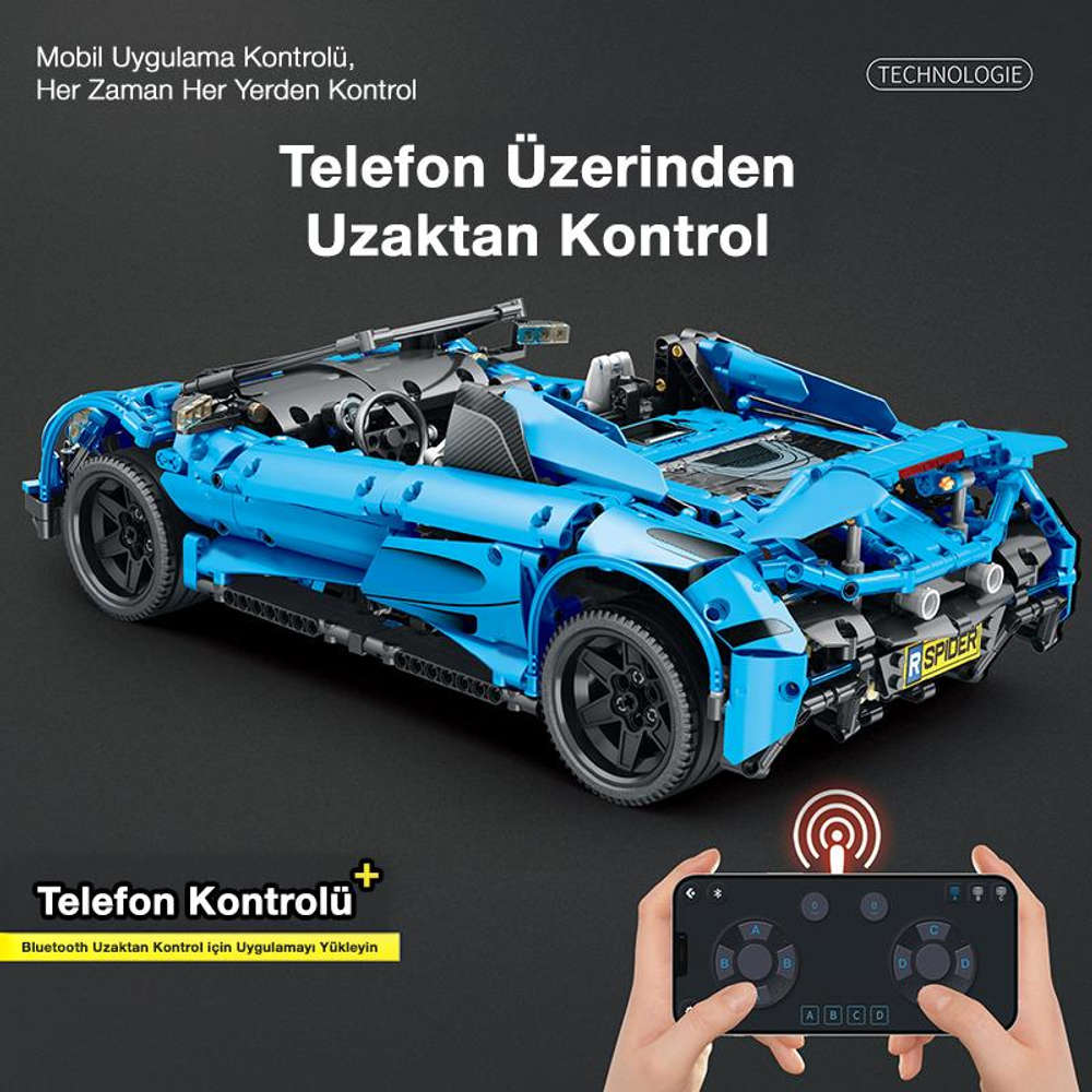 Uygulama kontrollü mavi uzaktan kumandalı spor araba ve telefon kumandası.