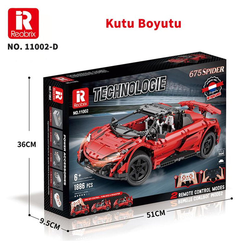 Kırmızı Reobrix 675 Spider Technic araba modeli kit kutusu, 1886 parça, 6+ yaş için.