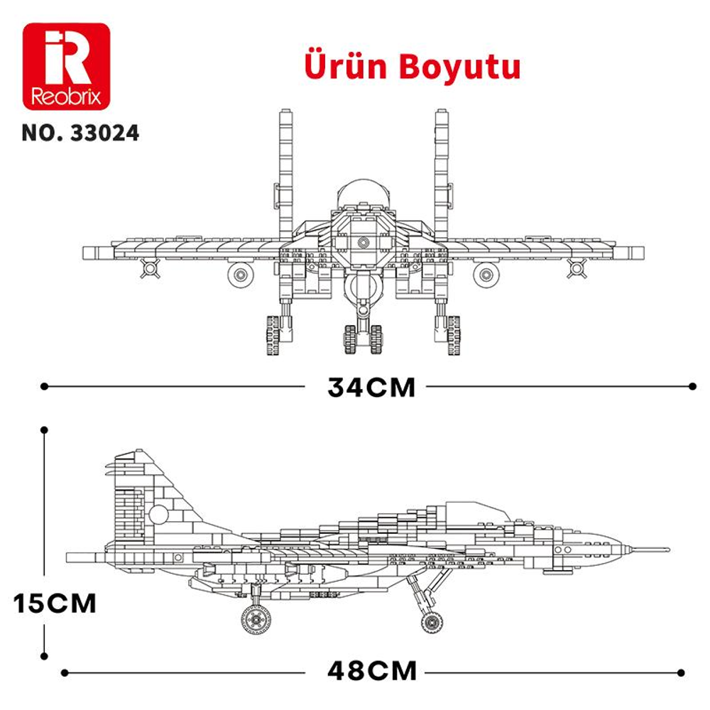 Oyuncak jet modelinin üst ve yan görünümleri, boyutları: 34cm genişlik, 15cm yükseklik, 48cm uzunluk.