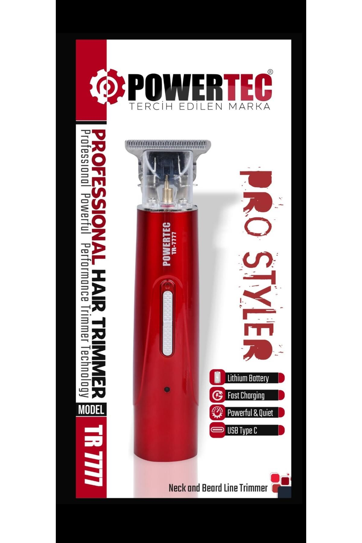Kırmızı POWERTEC saç/sakal düzeltici TR-7777 şarj göstergesiyle.