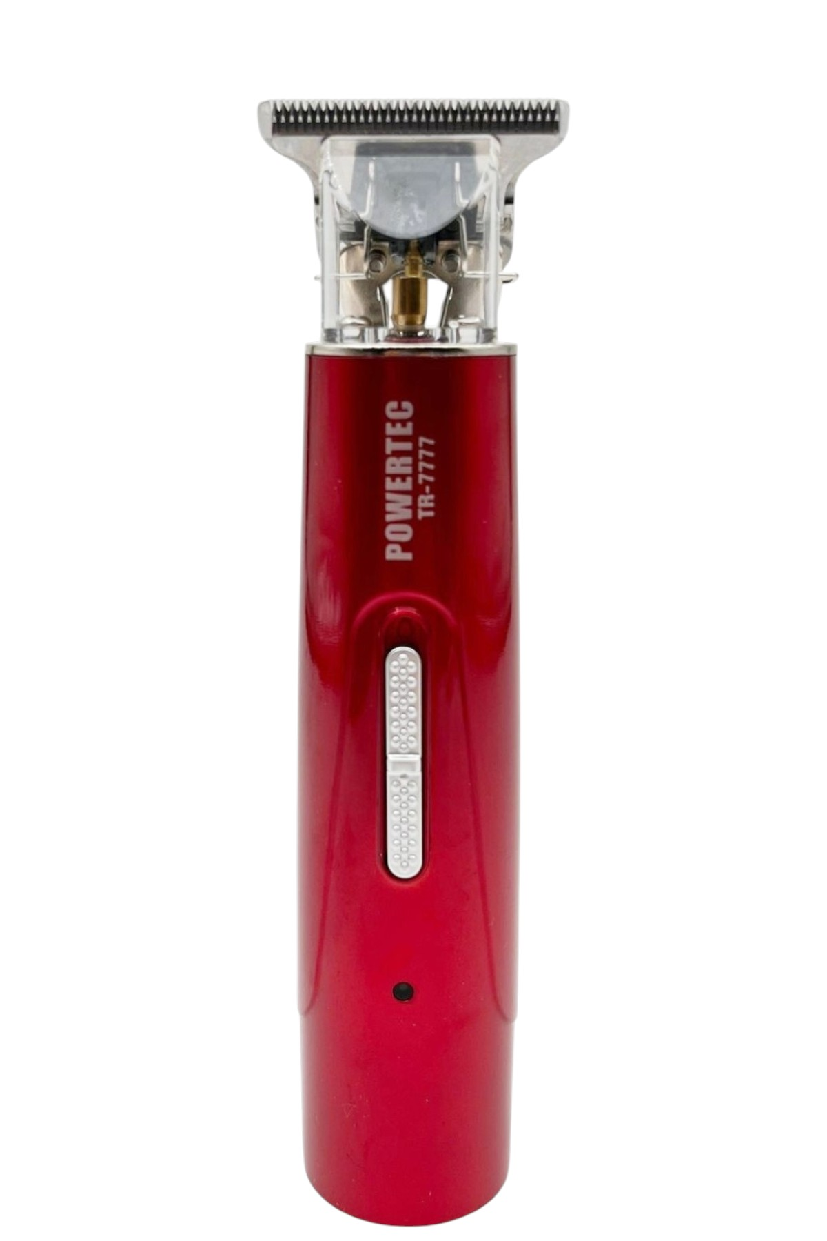 Şeffaf kasalı ve gümüş bıçaklı kırmızı POWERTEC TR-7777 tıraş makinesi.