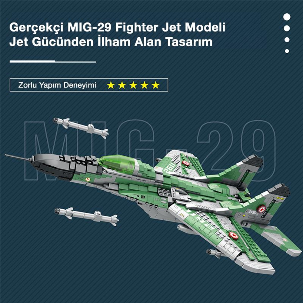 Roketli yeşil ve gri tuğladan yapılmış MIG-29 savaş uçağı modeli.