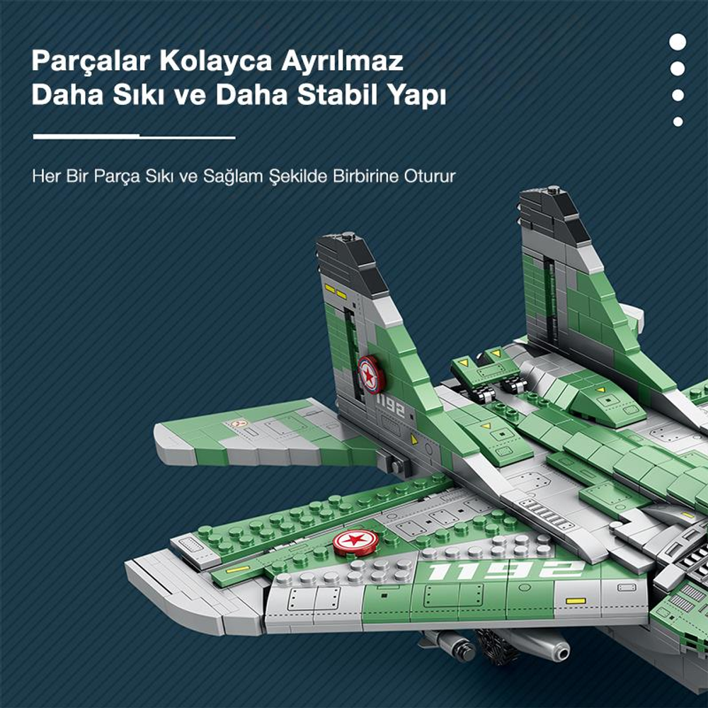 Yeşil ve gri renkli yapım parçalarından oluşan model uçak, kanat ve kuyruk yakın çekim.