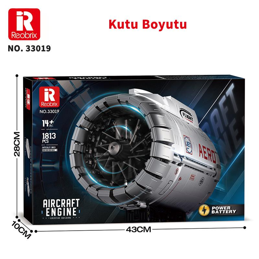 Boyutları gösterilen uçak motoru yapım kiti kutusu.
