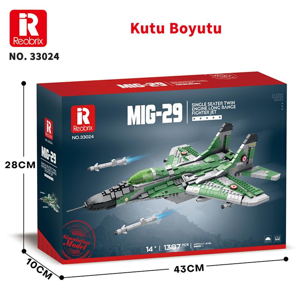 Füzekli yeşil MIG-29 savaş uçağı model kiti kutusu.