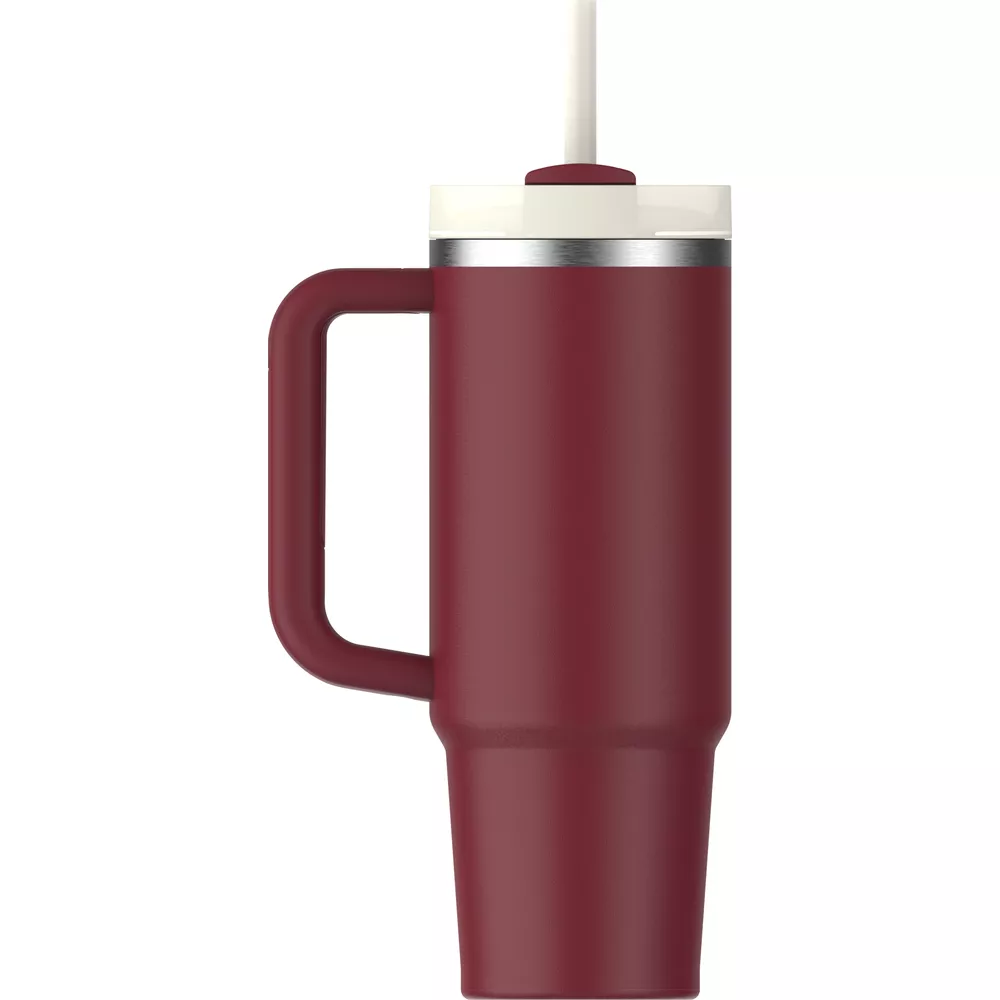 Eine weinrote Trinkflasche mit weißem Strohhalm und Griff, isoliert auf Weiß.