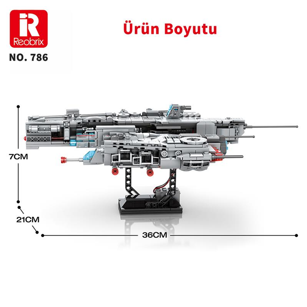 Gri model uzay gemisi, 36x7x21cm, stant üzerinde.