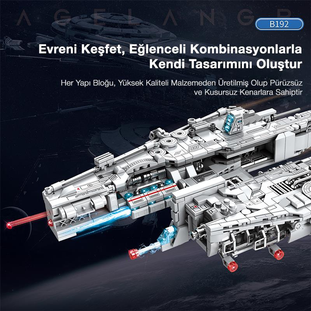 Mavi ve kırmızı ışık efektli, yapı bloklarından yapılmış beyaz bir uzay gemisi.