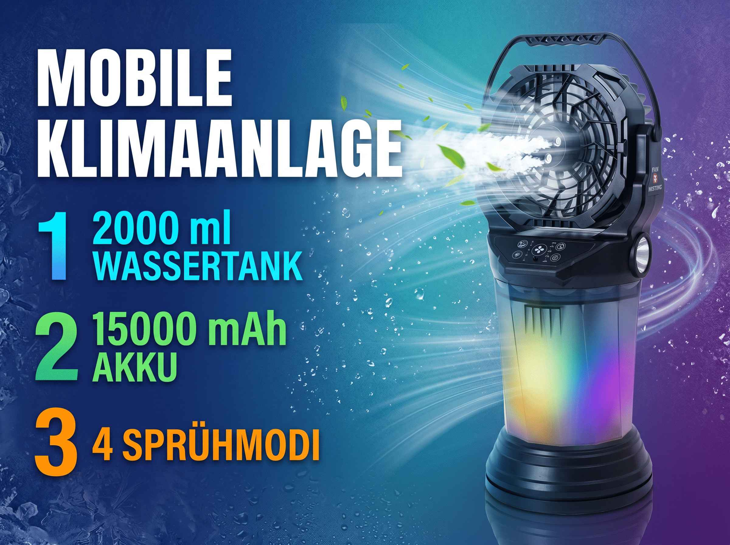 Ein tragbarer Lüfter mit Wassertank, Akku und Sprühfunktion.