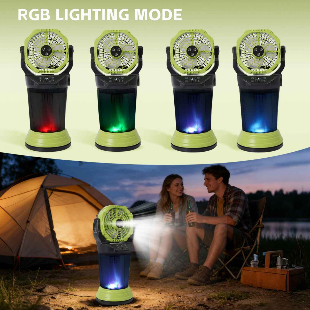 Tragbarer Lüfter mit RGB-Beleuchtung, gezeigt mit einem Paar beim Camping in der Dämmerung.