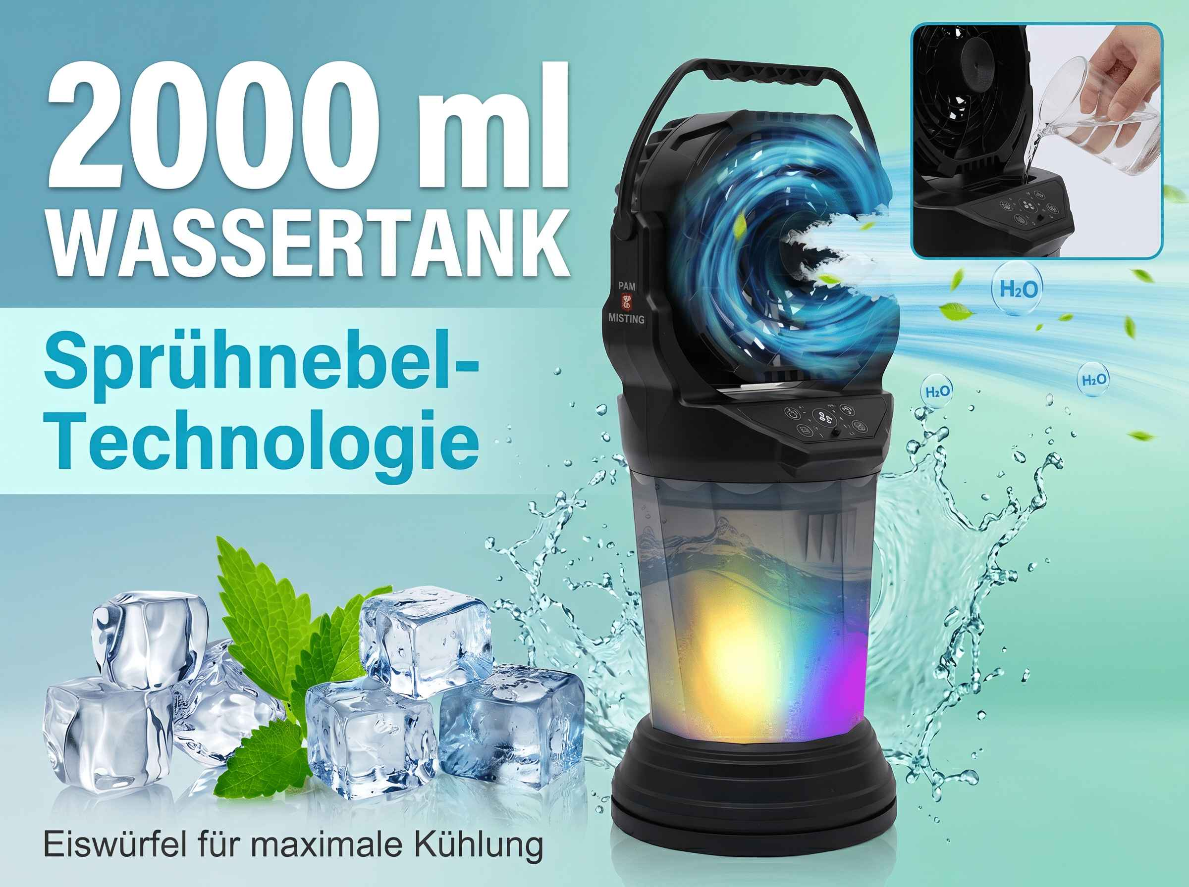 Ein Kühlventilator mit 2000ml Wassertank und Sprühnebel-Technologie.