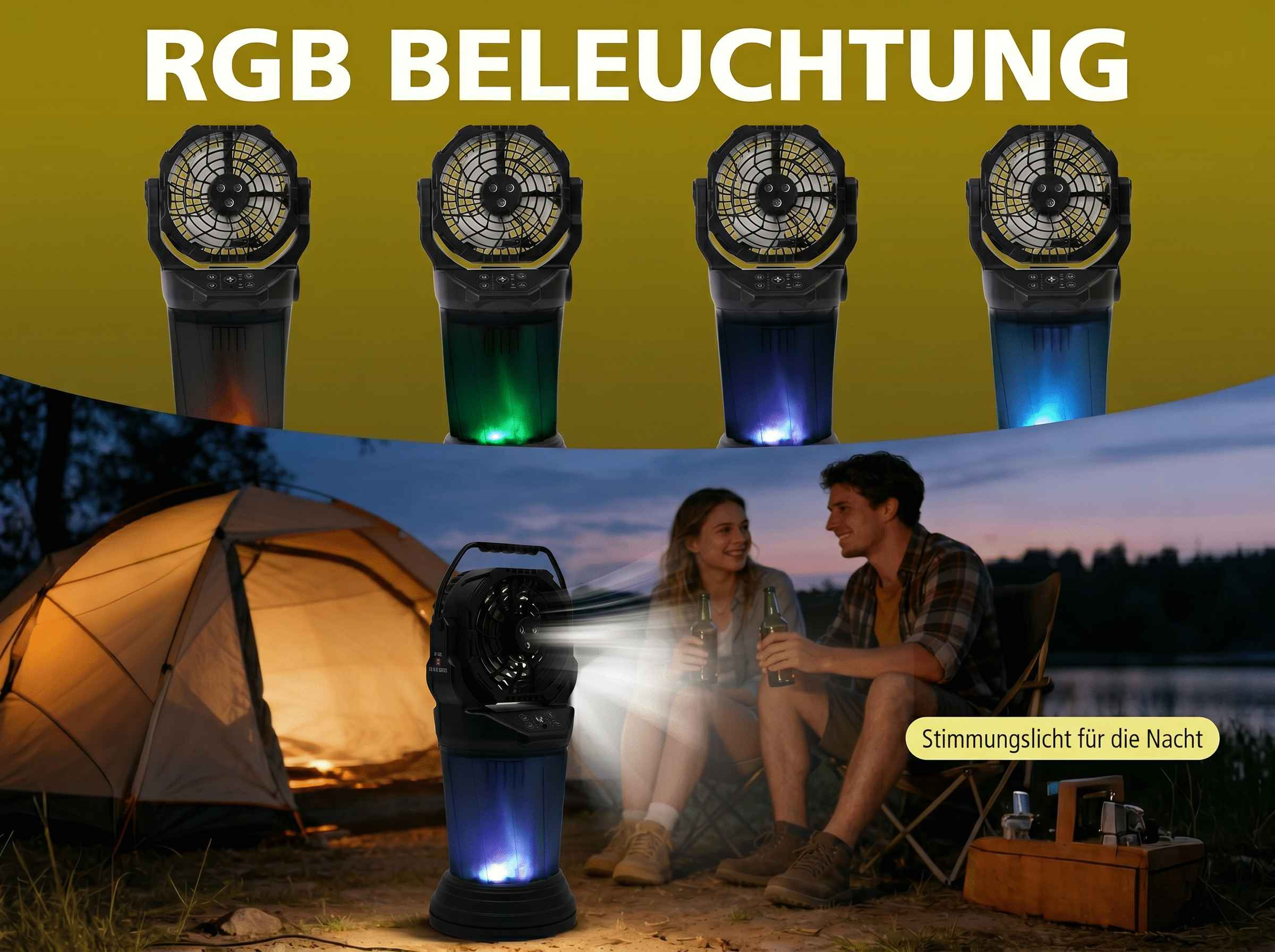 Ein Camping-Fan mit RGB-Beleuchtung steht neben einem Zelt bei Nacht.
