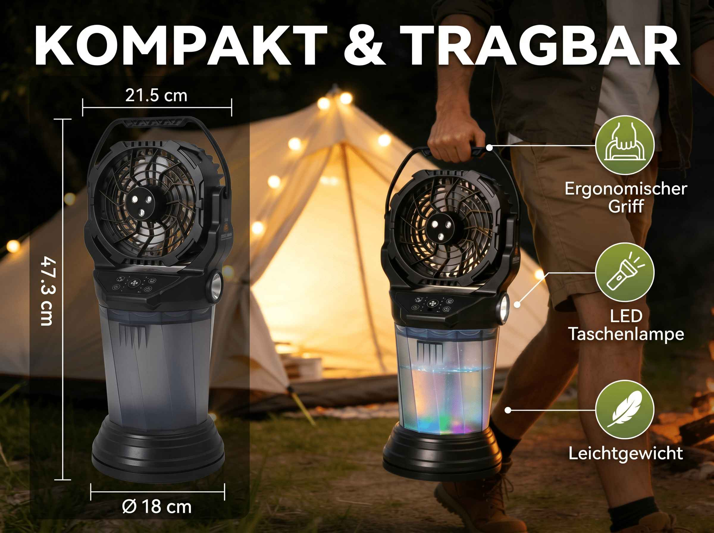 Ein tragbarer Ventilator mit LED-Licht und Griff, neben einem Zelt.