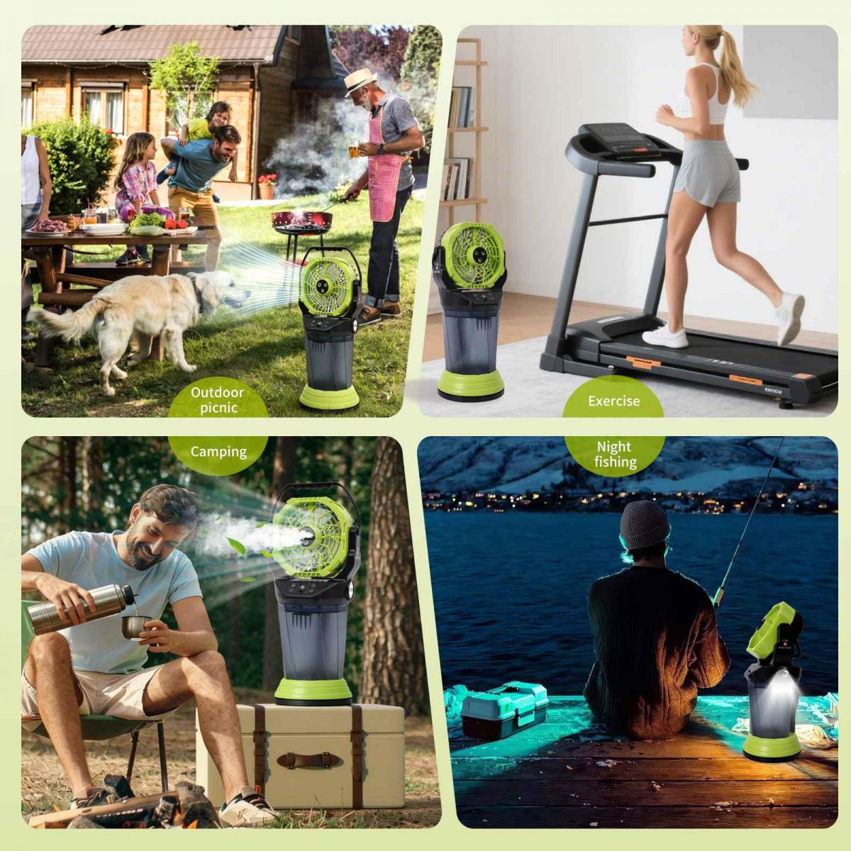 Vier Szenen: Picknick, Joggen, Camping, Nachtfischen mit Ventilator.