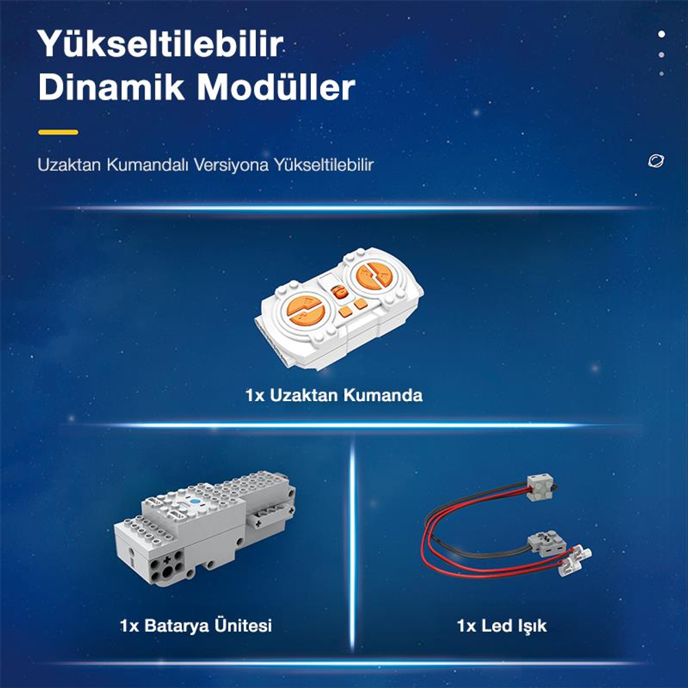 Beyaz kumanda, batarya ünitesi ve LED ışık mavi arka planda.