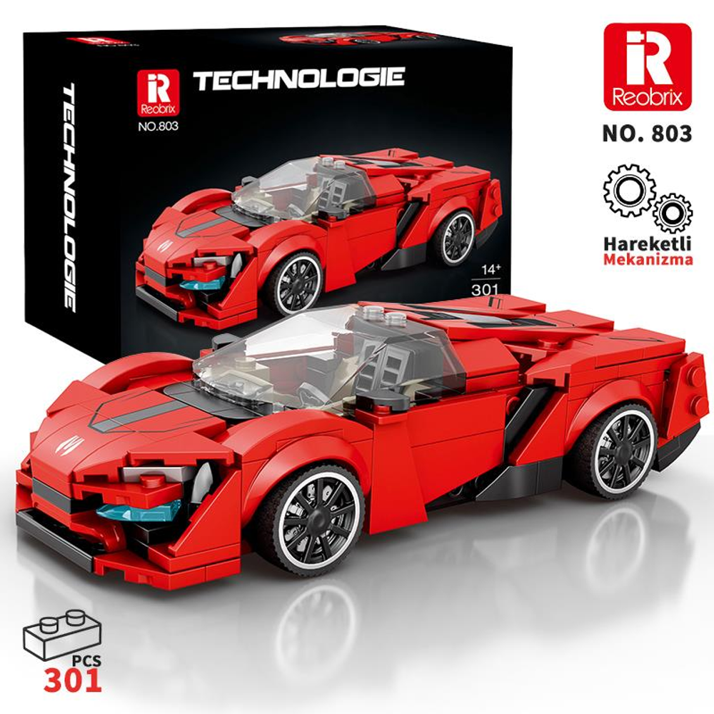 Şeffaf tavanlı ve siyah tekerlekli kırmızı Lego spor araba modeli.
