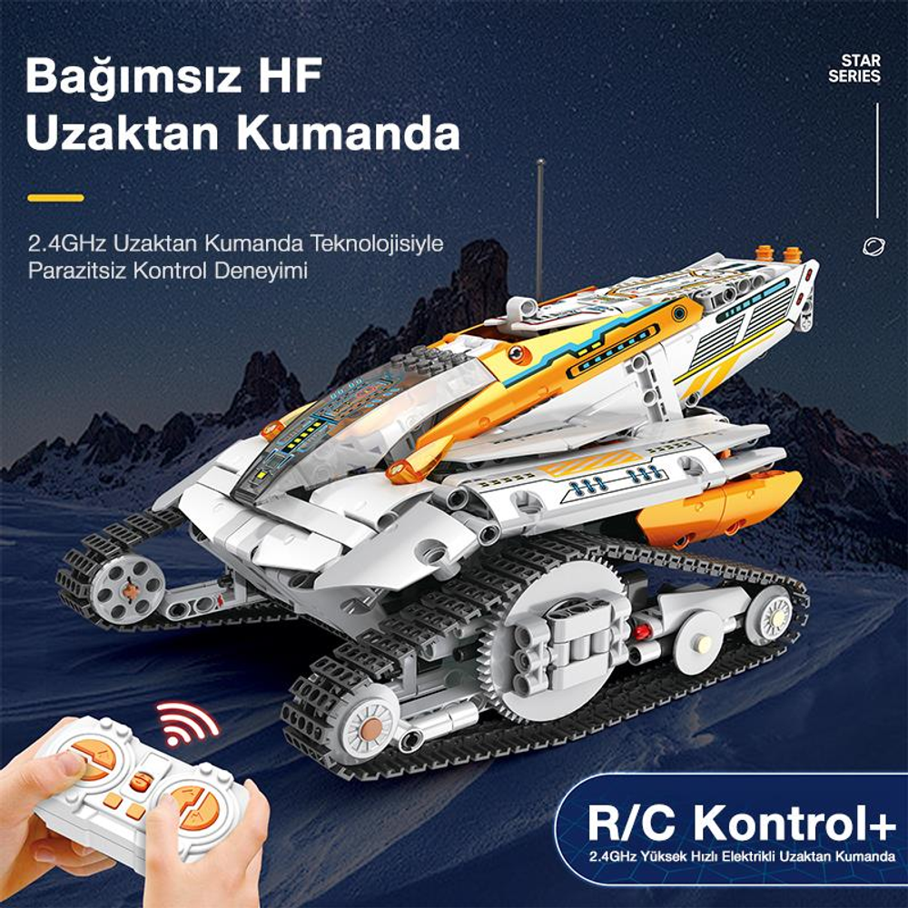 Paletli uzaktan kumandalı araç ve beyaz-turuncu kumanda cihazı.