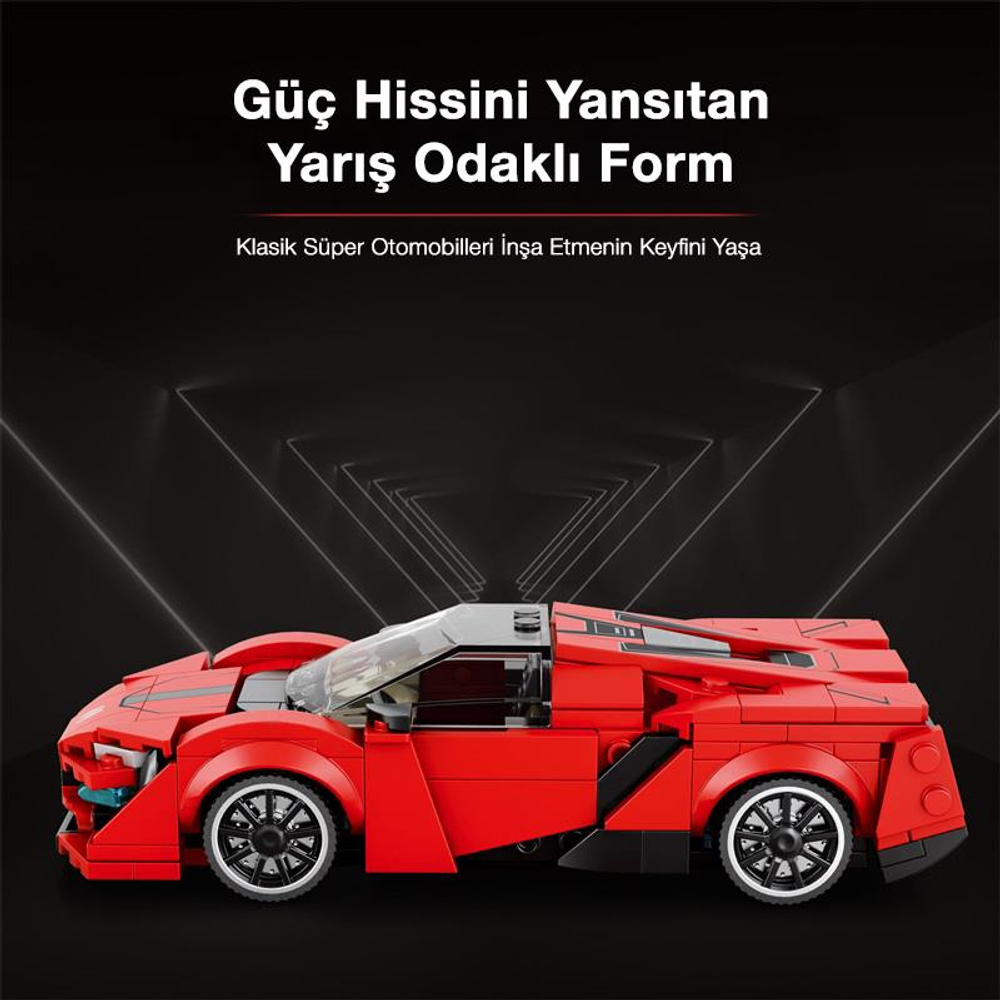 Şeffaf kokpitli ve siyah tekerlekli kırmızı Lego spor araba modeli.