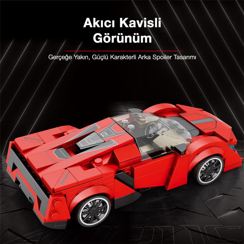 Şeffaf tavanlı ve siyah jantlı kırmızı Lego spor araba.